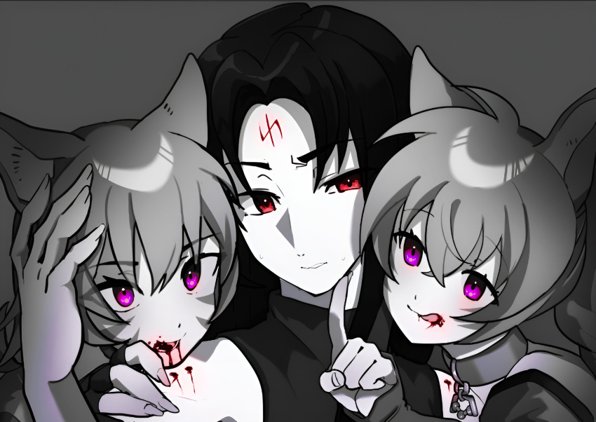 1boy, 2girls, animal_ears, blood, blood_on_face, cat_ears, cat_girl, collar