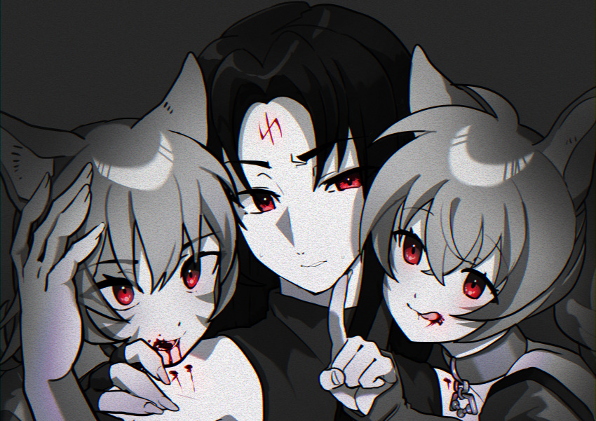 1boy, 2girls, absurdres, alternate_eye_color, animal_ears, blood, blood_on_face, cat_ears