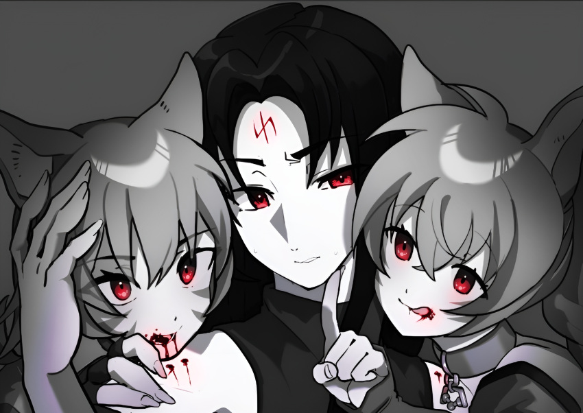 1boy, 2girls, alternate_eye_color, animal_ears, blood, blood_on_face, cat_ears, cat_girl