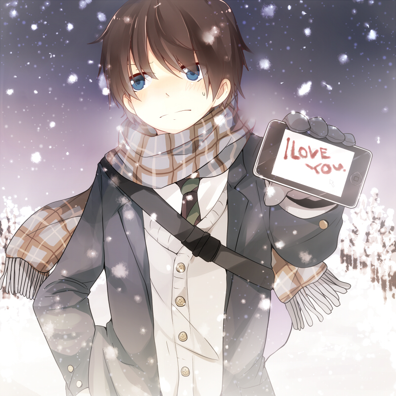 ayase08, blue_eyes, blush, brown_hair, confession, digital_media_player, holding, ipod