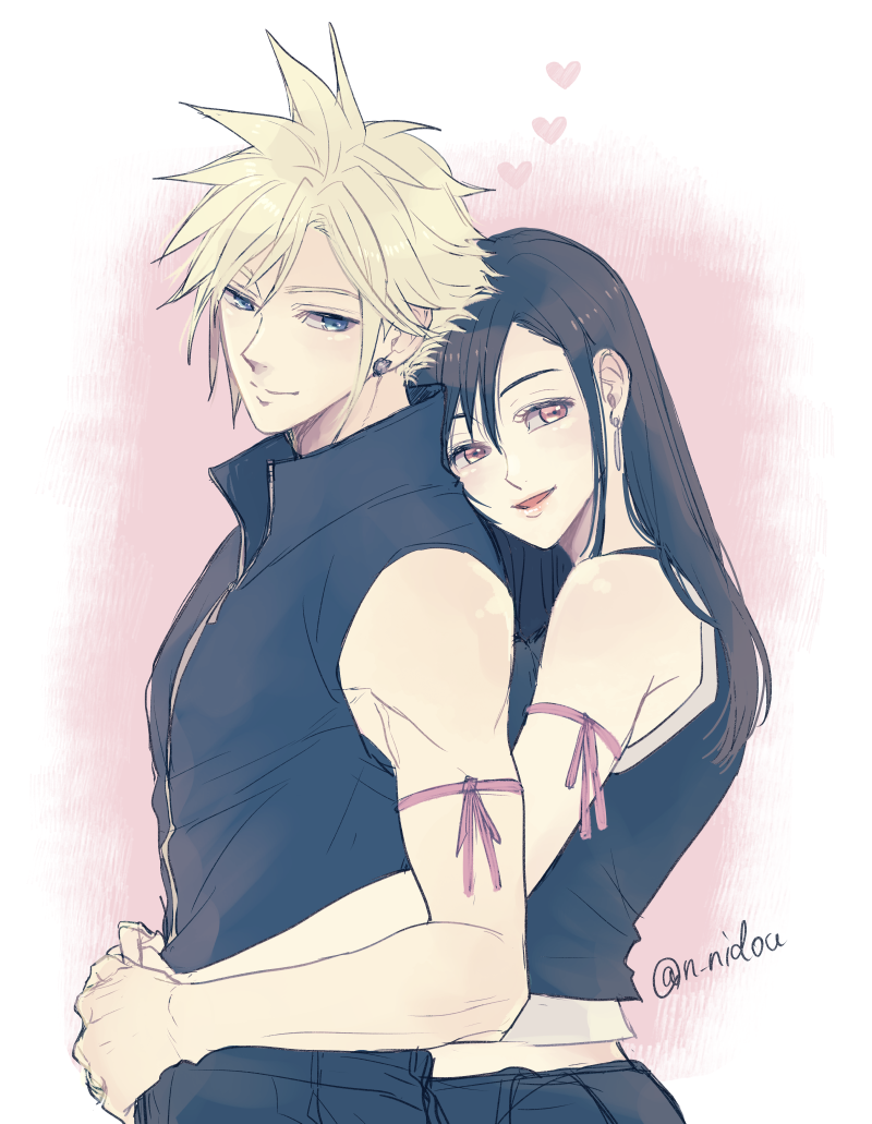 1boy, 1girl, arm_ribbon, arms_around_waist, bare_shoulders, black_hair, black_shirt, blonde_hair, blue_eyes, closed_mouth, cloud_strife, commentary_request, couple, earrings, final_fantasy, final_fantasy_vii, final_fantasy_vii_advent_children, from_side, gradient_background, head_on_another's_back, heart, hetero, holding_hands, hug, hug_from_behind, jewelry, long_hair, looking_at_viewer, looking_to_the_side, midriff_peek, nidou_(rechlo), open_mouth, pink_lips, popped_collar, red_eyes, red_ribbon, ribbon, shirt, short_hair, single_earring, sleeveless, sleeveless_shirt, smile, spiky_hair, stud_earrings, tank_top, teardrop_earrings, tifa_lockhart, twitter_username, upper_body, white_tank_top, zipper