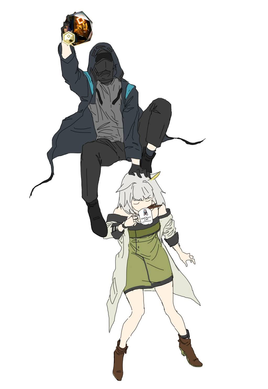 1boy, 1girl, animal_ears, arknights, cat_ears, doctor_(arknights), jumping, kal'tsit_(arknights)