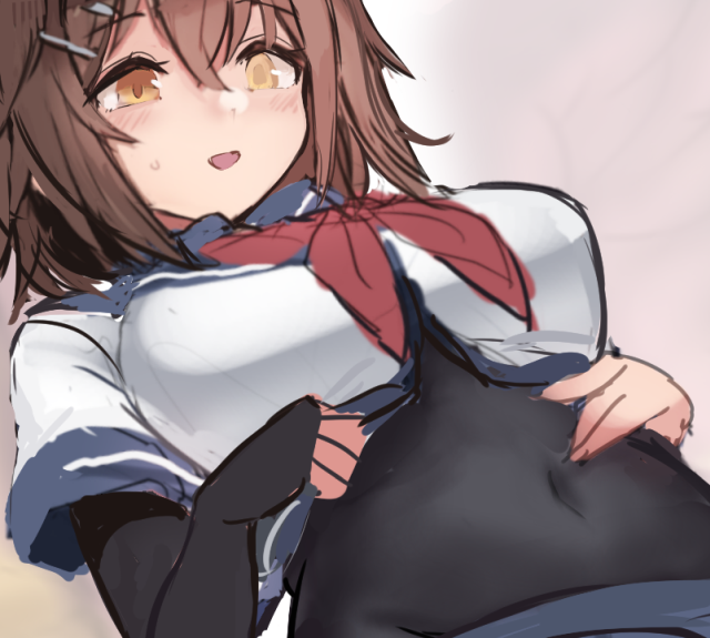 1girl, black_bodysuit, blue_sailor_collar, bodysuit, brown_eyes, brown_hair, covered_navel, elbow_gloves