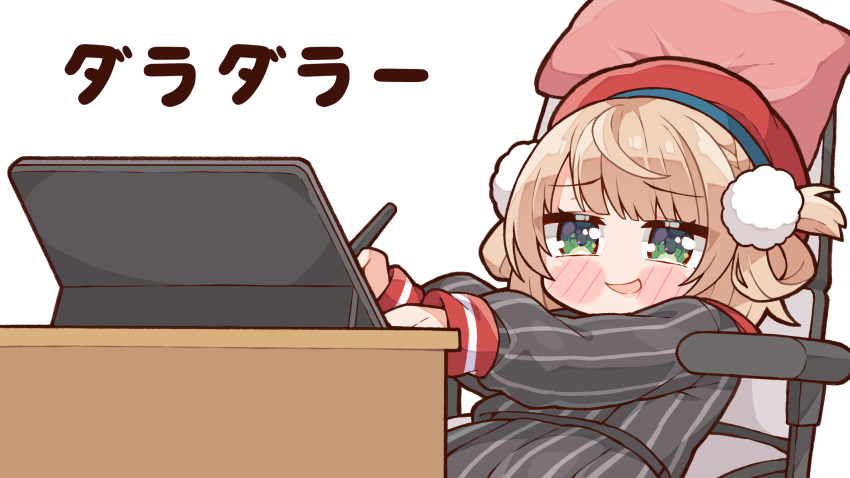 1girl, beret, black_serafuku, blonde_hair, blush_stickers, chair, green_eyes, hat