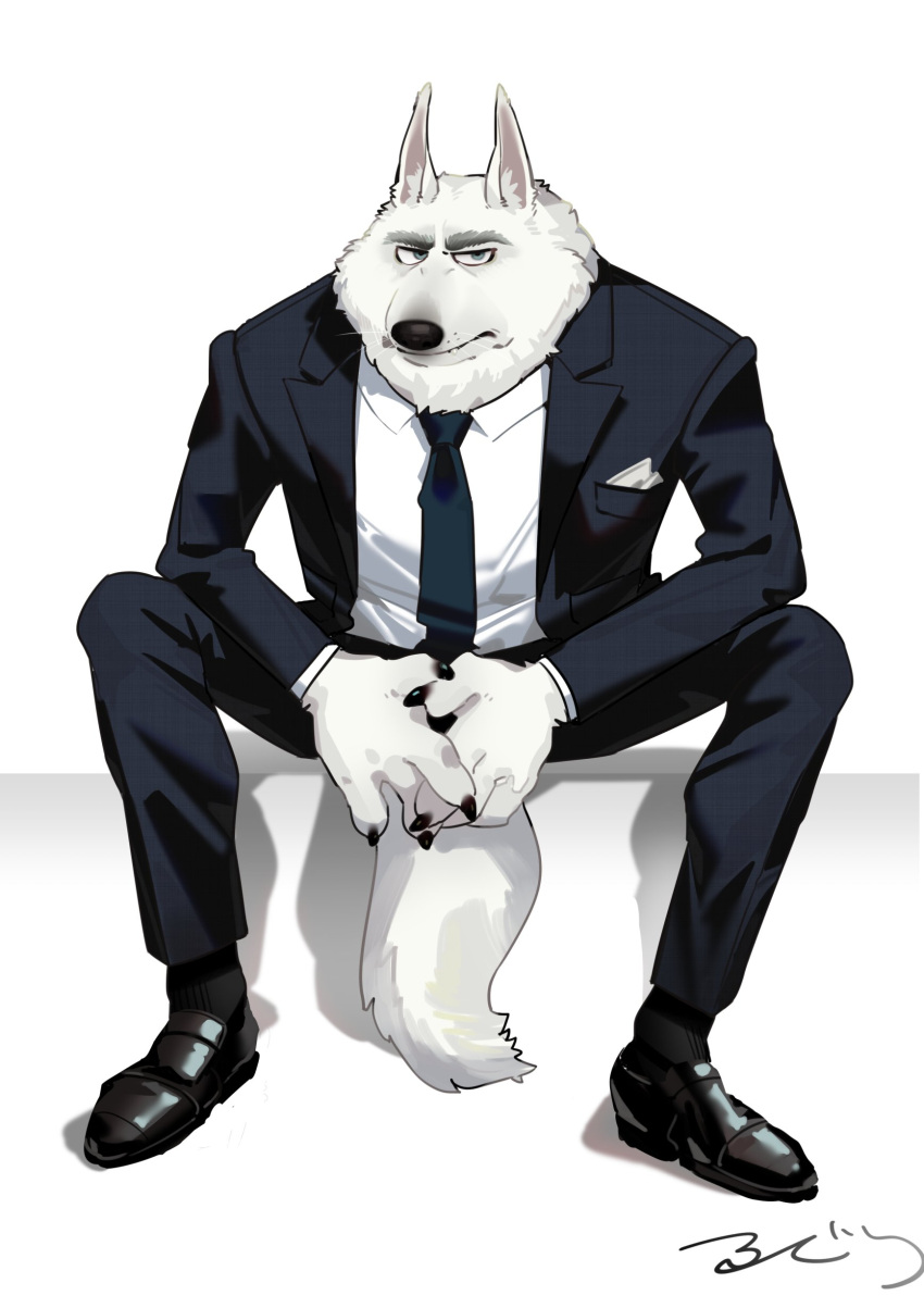 1boy, absurdres, animal_ear_fluff, animal_ears, artist_name, black_pants, black_shoes, black_suit