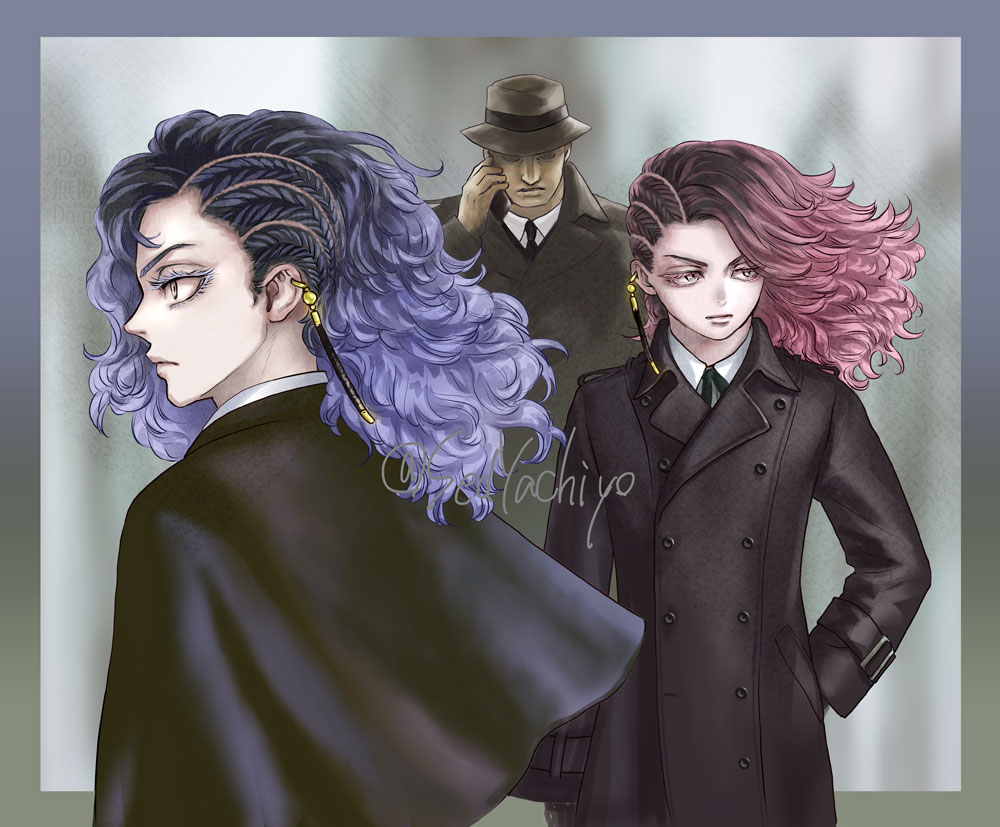 3boys, astro_royale, black_coat, black_hair, black_necktie, blue_hair, cape, closed_eyes