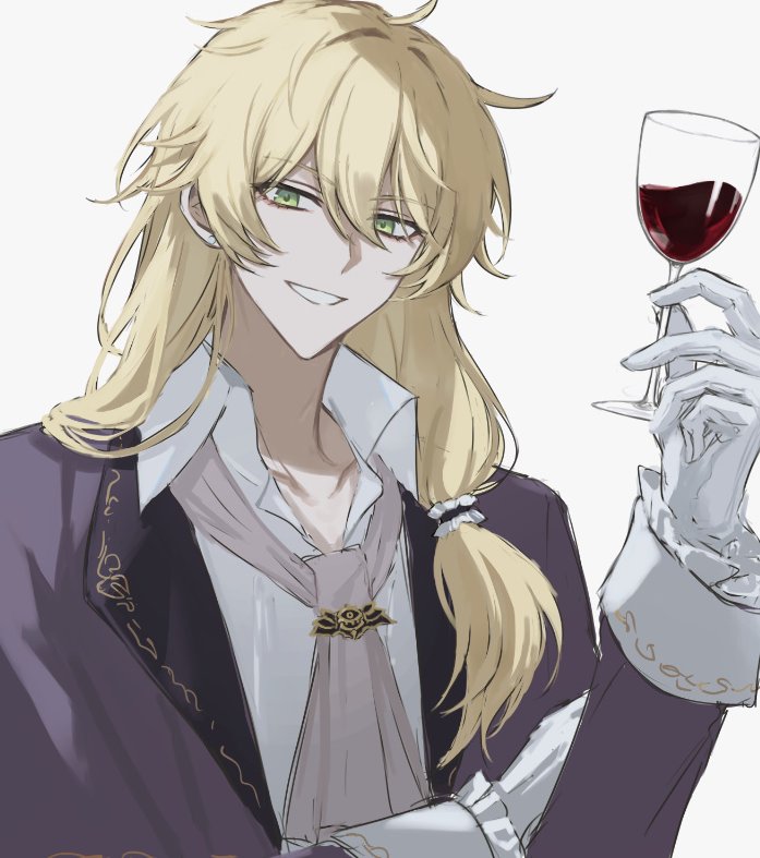 1boy, blonde_hair, coat, collared_shirt, cup, drinking_glass, gloves, green_eyes, hair_over_shoulder, holding, holding_cup, honkai_(series), honkai_impact_3rd, hyeon_00007, long_hair, male_focus, otto_apocalypse, purple_coat, scarf, shirt, simple_background, smile, solo, white_background, white_gloves, white_scarf, white_shirt, wine_glass