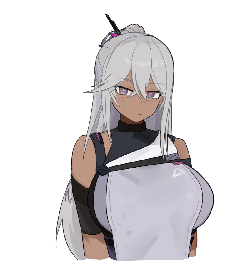 1girl, breasts, closed_mouth, commentary, cropped_torso, d5y0m, dark-skinned_female, dark_skin, elmo_dormitory_outfit, girls'_frontline_2:_exilium, girls_frontline, grey_hair, hair_between_eyes, highres, large_breasts, light_blush, long_hair, looking_at_viewer, nemesis_(girls'_frontline_2), ponytail, simple_background, solo, violet_eyes, white_background