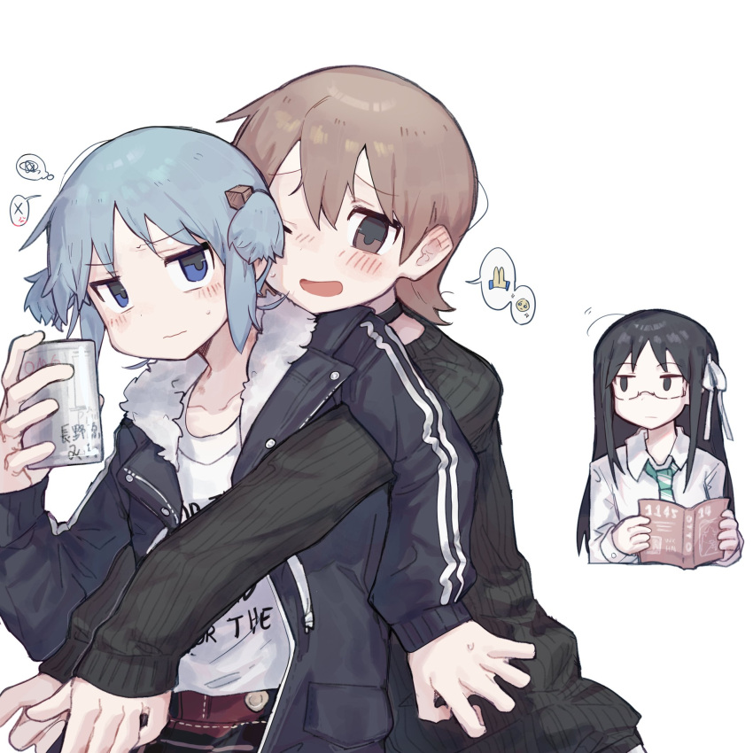 3girls, ahoge, aioi_yuuko, awa_subaru, awa_subaru_(cosplay), black_hair, blue_eyes, blue_hair, blush, book, brown_eyes, brown_hair, can, choker, cosplay, cube_hair_ornament, girls_band_cry, glasses, hair_ornament, hair_ribbon, highres, holding, holding_book, holding_can, hug, hug_from_behind, iseri_nina, iseri_nina_(cosplay), jacket, kawaragi_momoka, kawaragi_momoka_(cosplay), long_hair, minakami_mai, multiple_girls, naganohara_mio, necktie, nichijou, one_eye_closed, open_mouth, qjrsss, ribbon, school_uniform, short_hair, simple_background, spoken_emoji, spoken_squiggle, squiggle, white_background, yuri