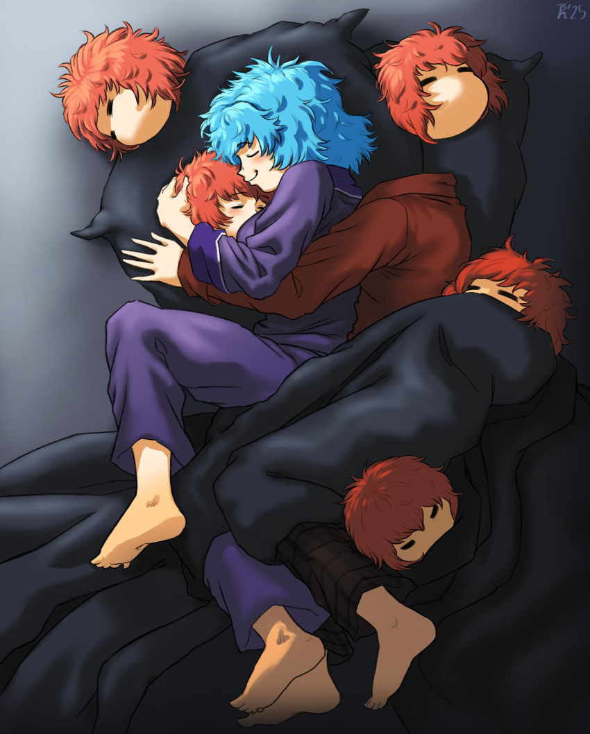 2girls, absurdres, barefoot, blue_hair, bread_master, closed_eyes, disembodied_head, english_commentary