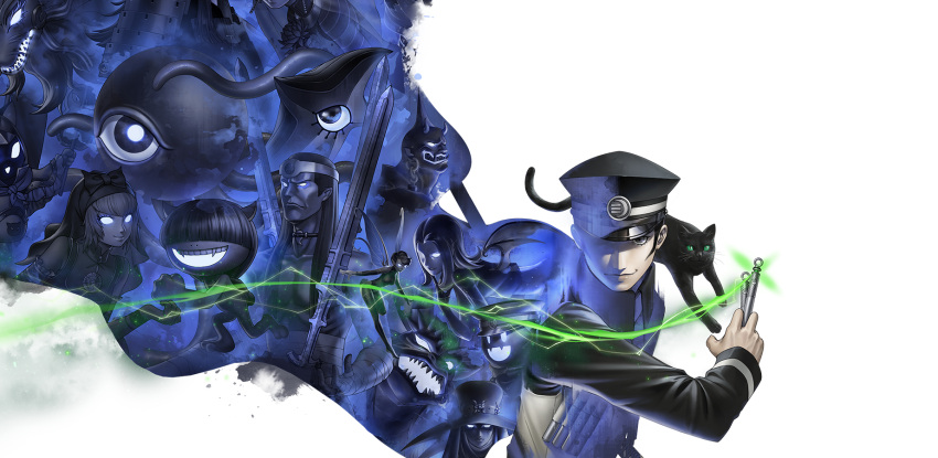 1boy, 6+others, black_hair, cape, cat, character_request, decarabia_(megami_tensei), demon_(megami_tensei)