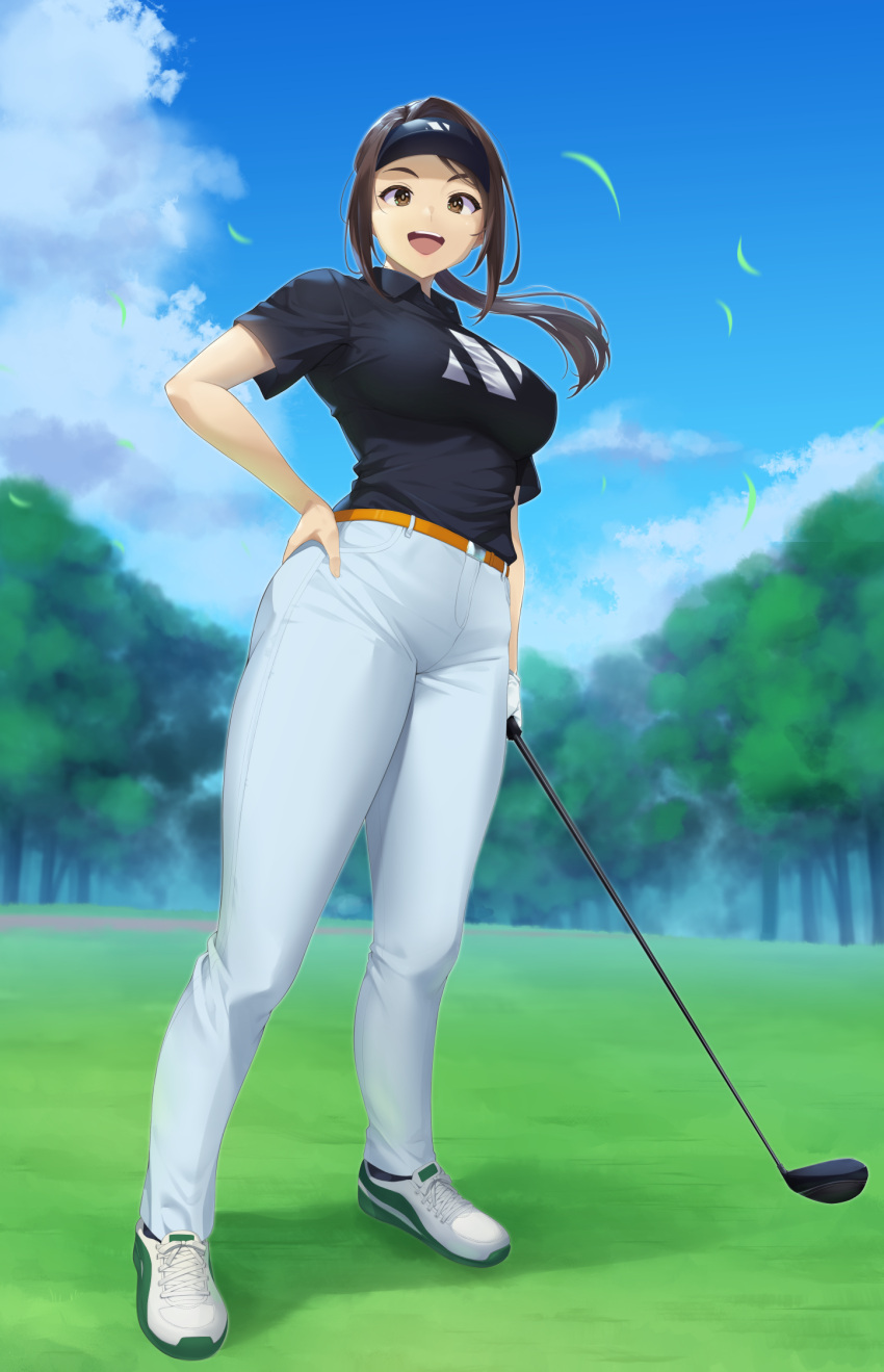 1girl, :d, akane_haruka_(sorairo_utility), black_shirt, blue_sky, brown_eyes, brown_hair, clouds