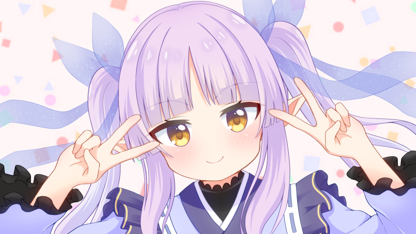 1girl, beenyan_1203, bow, circle, double_v, hair_bow, highres, japanese_clothes, kimono, kyoka_(princess_connect!), long_hair, pointy_ears, princess_connect!, purple_hair, sidelocks, smile, solo, square, triangle, twintails, v, yellow_eyes