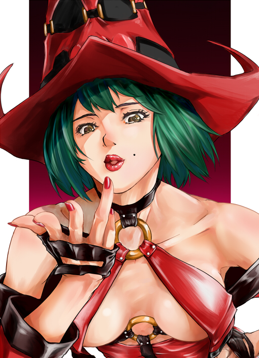 blown_kiss, bob_cut, breasts, brown_eyes, cleavage, collarbone, face, fingerless_gloves
