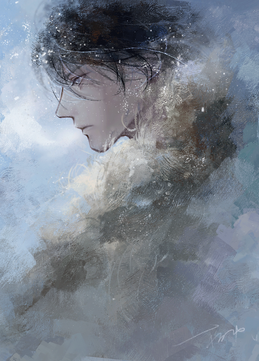 1boy, animated, animated_gif, black_hair, breath, closed_mouth, closing_eyes, dao_mu_bi_ji, floating_hair, from_side, fur_trim, grey_eyes, highres, liumumumumumu, male_focus, portrait, profile, short_hair, solo, watermark, zhang_qiling