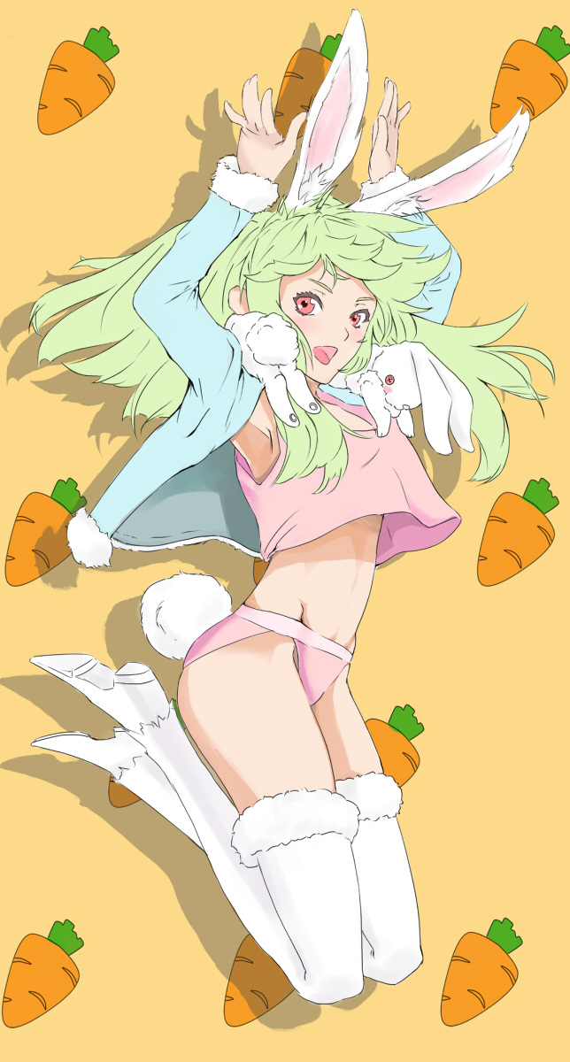 boots, bunny, bunny_ears, bunny_tail, carrot, coat, green_hair, highres