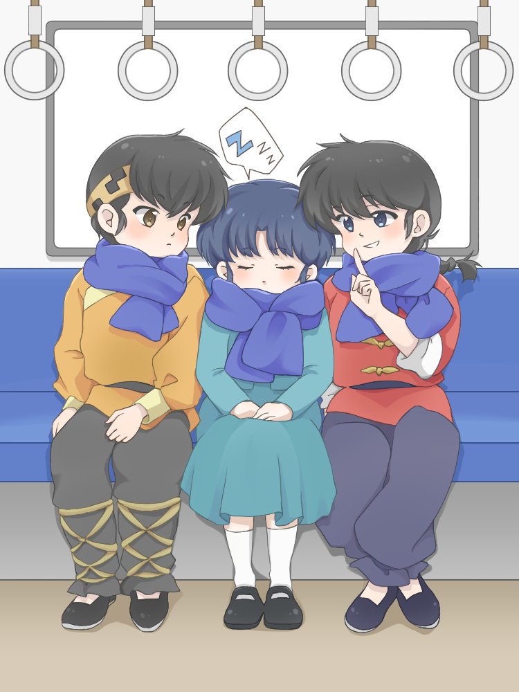 1girl, 2boys, bandana, black_hair, blue_hair, blush, fuurinkan_high_school_uniform, hibiki_ryouga, honey_wacca, multiple_boys, ranma_1/2, saotome_ranma, school_uniform, short_hair, sitting, sleeping, smile, socks, tendou_akane, train_interior, white_socks, yellow_bandana