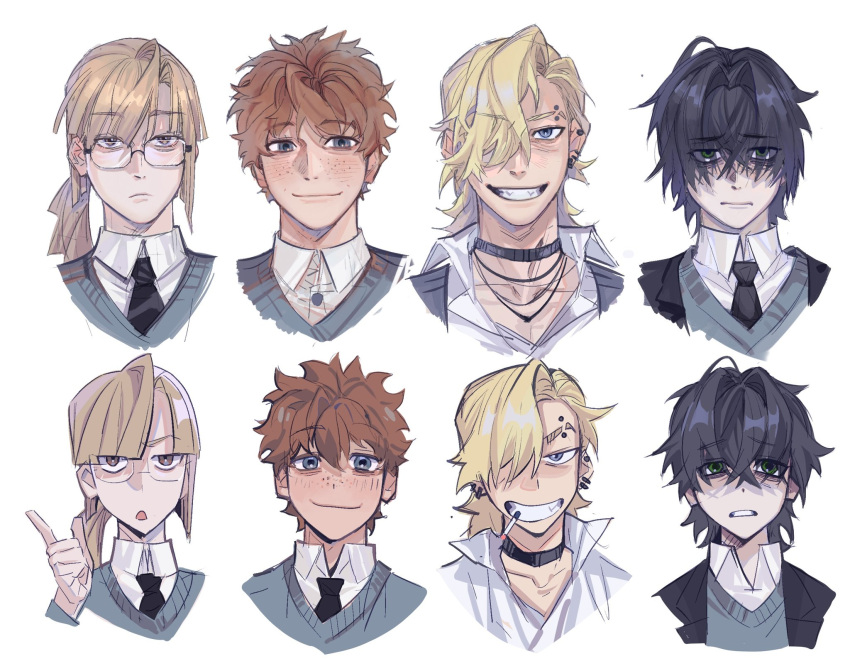 4boys, black_hair, black_necktie, blonde_hair, blue_eyes, blue_sweater, blush, brown_eyes