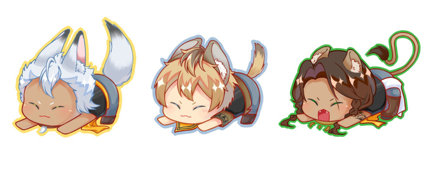 3boys, animal_ear_fluff, animal_ears, black_jacket, blonde_hair, braid, brown_hair, chibi, closed_eyes, dark-skinned_male, dark_skin, fangs, full_body, highres, hyena_boy, hyena_ears, hyena_tail, jack_howl, jacket, leona_kingscholar, lion_boy, lion_ears, lion_tail, long_hair, male_focus, multiple_boys, ruggie_bucchi, scps970819, simple_background, sleeveless, sleeveless_jacket, stretching, tail, twin_braids, twisted_wonderland, white_background, white_hair, wolf_boy, wolf_ears, wolf_tail, yawning