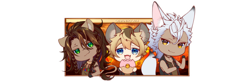 3boys, :3, animal_ears, black_jacket, blonde_hair, blue_eyes, braid, brown_hair, chibi, dark-skinned_male, dark_skin, doughnut, food, green_eyes, grey_hair, holding, holding_donut, holding_food, hyena_boy, hyena_ears, jack_howl, jacket, leona_kingscholar, lion_ears, lion_tail, looking_at_viewer, male_focus, multiple_boys, ruggie_bucchi, scps970819, sleeveless, sleeveless_jacket, tail, twin_braids, twisted_wonderland, wolf_boy, wolf_ears, wolf_tail, yellow_background