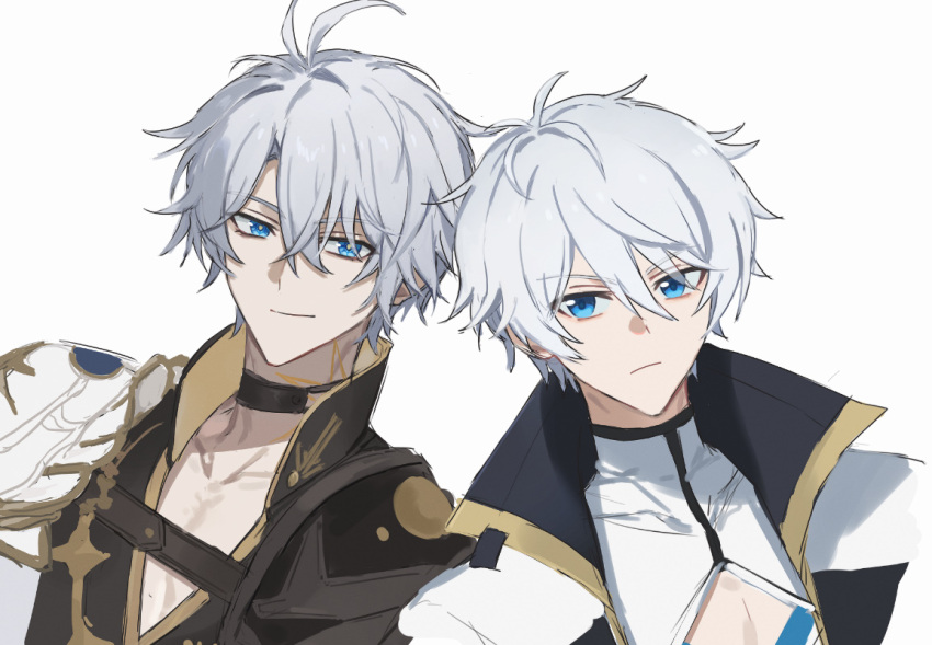 2boys, blue_eyes, closed_mouth, company_connection, hino_satoshi, honkai:_star_rail, honkai_(series), honkai_impact_3rd, hyeon_00007, jacket, kevin_kaslana, male_focus, multiple_boys, phainon_(honkai:_star_rail), short_hair, simple_background, smile, trait_connection, upper_body, voice_actor_connection, white_background, white_hair, white_jacket