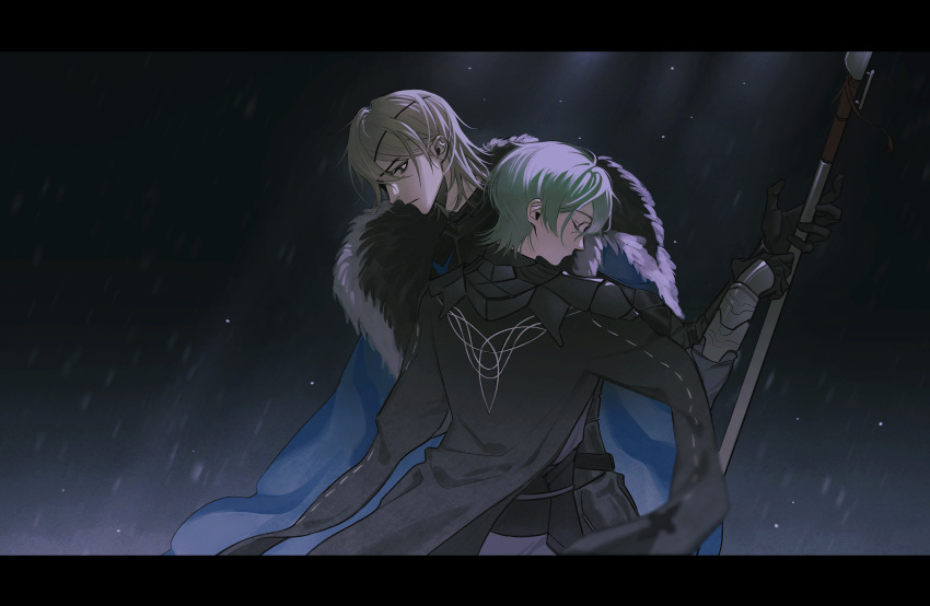 2boys, absurdres, arm_out_of_sleeve, armor, black_armor, black_fur, black_gloves, blonde_hair