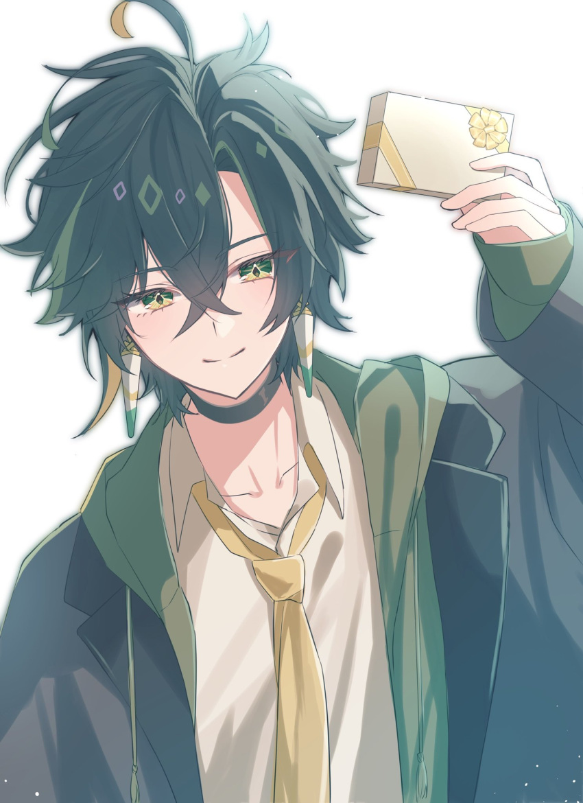 1boy, antenna_hair, black_choker, black_hair, black_jacket, blonde_hair, box, choker