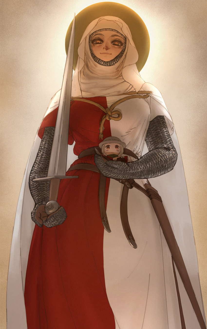 1girl, absurdres, armor, bags_under_eyes, belt, cape, chainmail, closed_mouth