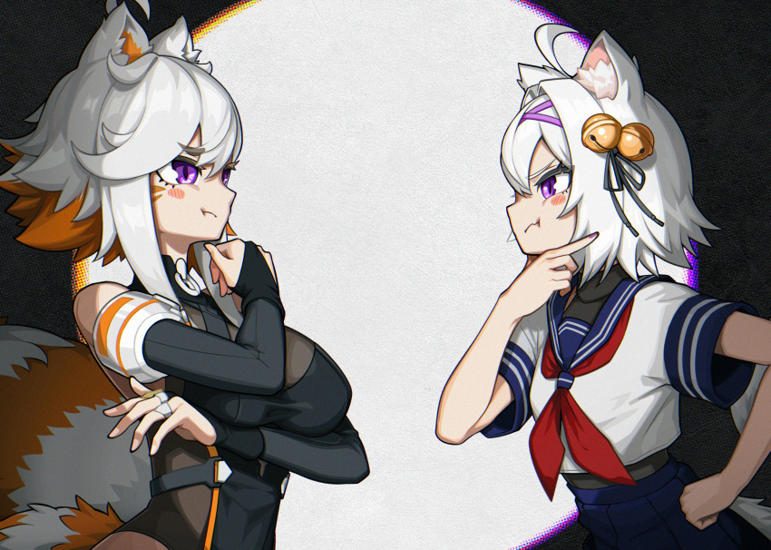 2girls, :t, ahoge, animal_ear_fluff, animal_ears, bell, blush, breasts