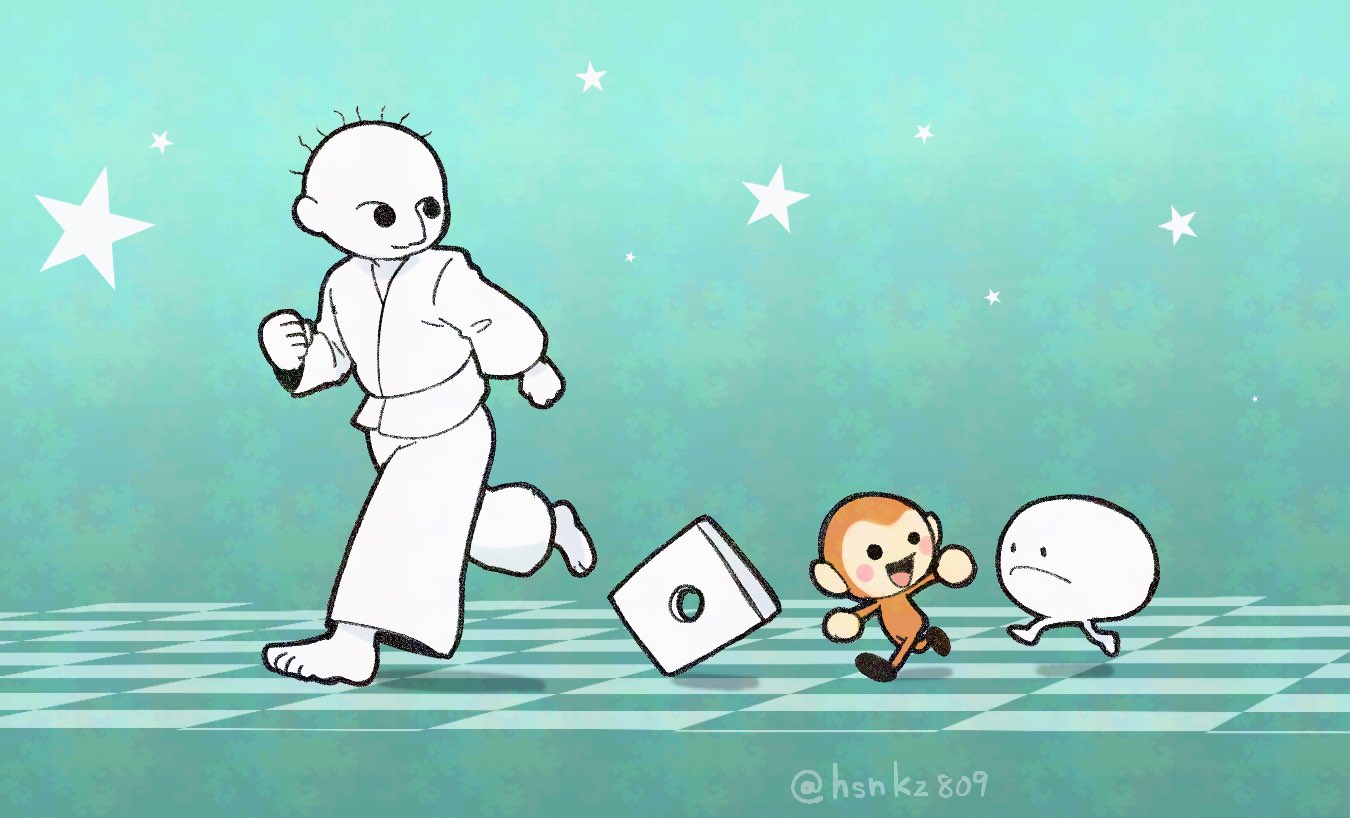 1boy, 3others, animal, barefoot, blue_background, colored_skin, dougi, gradient_background
