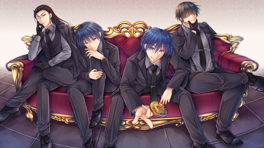 4boys, black_gloves, black_hair, black_jacket, black_necktie, black_pants, black_shoes, black_vest