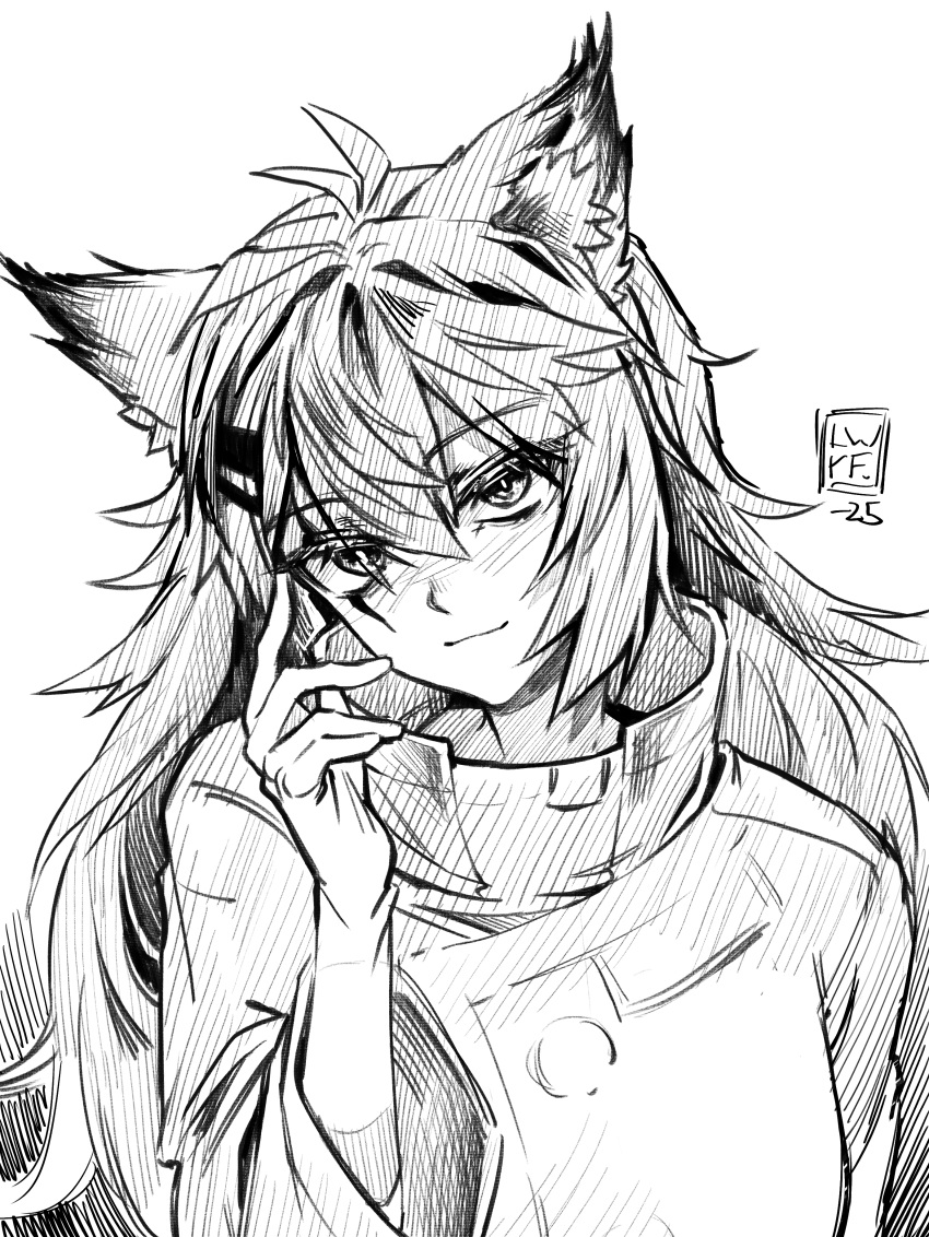 1girl, absurdres, animal_ear_fluff, animal_ears, arknights, arm_up, artist_logo, closed_mouth
