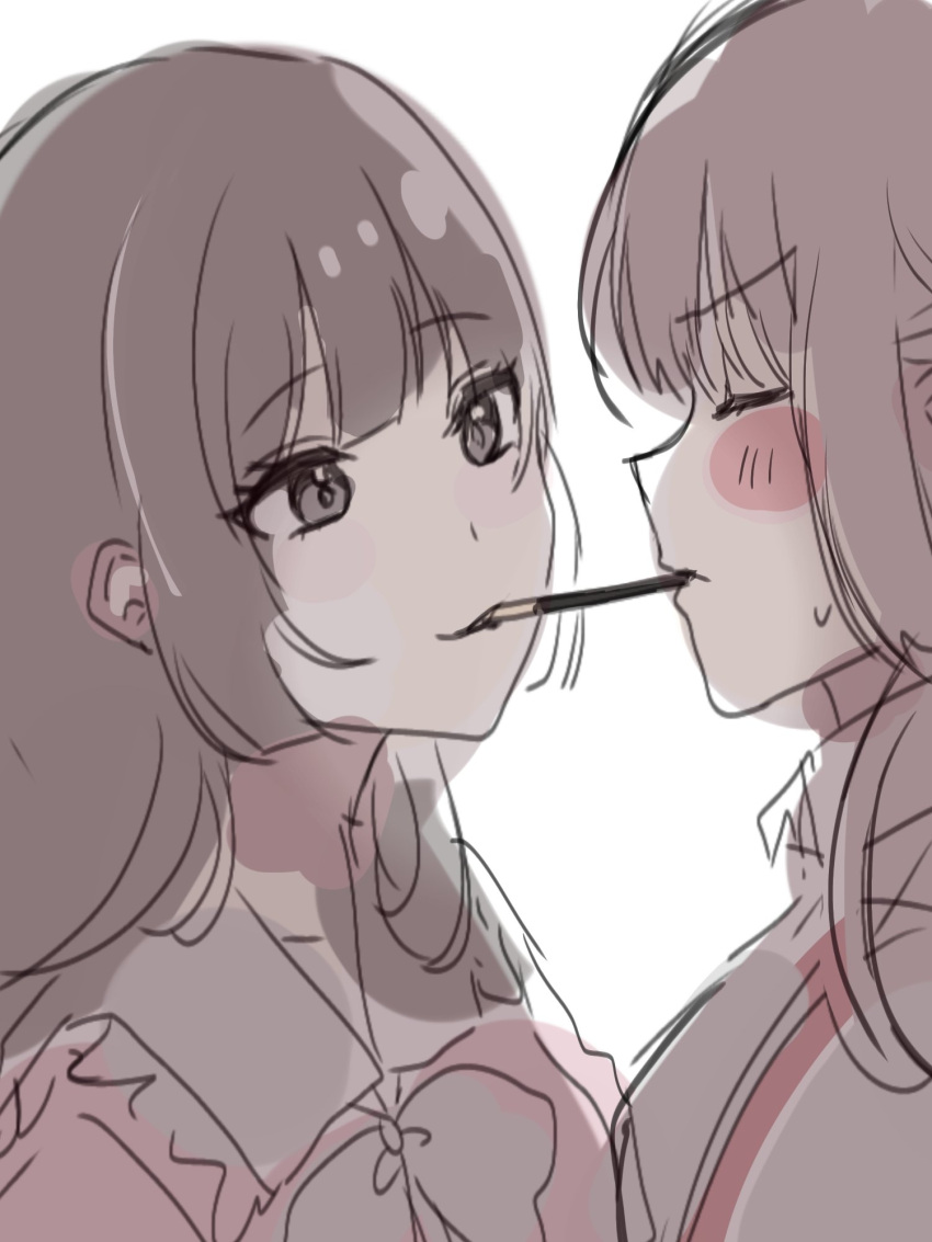 2girls, blush, bow, bowtie, closed_eyes, face-to-face, flustered, food