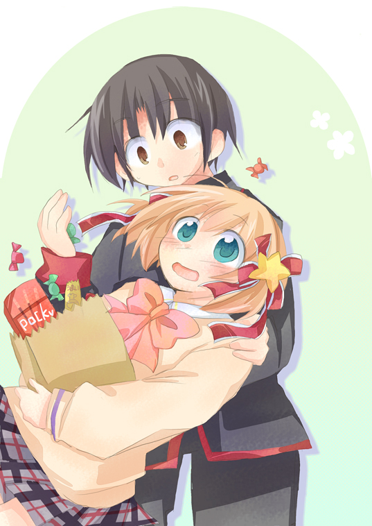 black_hair, blonde_hair, blue_eyes, brown_eyes, candy, furui_suguri, kamikita_komari, little_busters!!