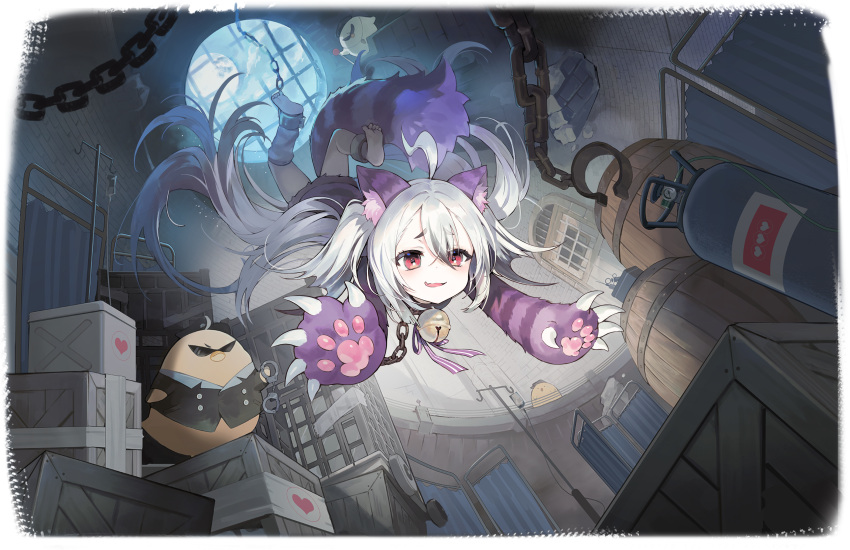 1girl, absurdres, ahoge, alternate_costume, animal_ear_fluff, animal_ears, animal_hands, azur_lane, barefoot, barrel, bell, bird, blush, box, cat_ears, cat_girl, cat_paws, cat_tail, chain, chick, claws, crate, fake_animal_ears, fake_tail, fang, full_moon, gloves, hair_between_eyes, heart, highres, indoors, jingle_bell, long_hair, looking_at_viewer, manjuu_(azur_lane), miller_(azur_lane), miller_(monster_experiment_m-01)_(azur_lane), moon, multicolored_hair, neck_bell, neck_ribbon, night, non-web_source, official_alternate_costume, official_art, open_mouth, paw_gloves, paw_print, paw_shoes, prison, purple_ribbon, red_eyes, ribbon, second-party_source, skin_fang, sky, smile, solo, streaked_hair, tail, tongue, twintails, two_side_up, very_long_hair, white_hair, window