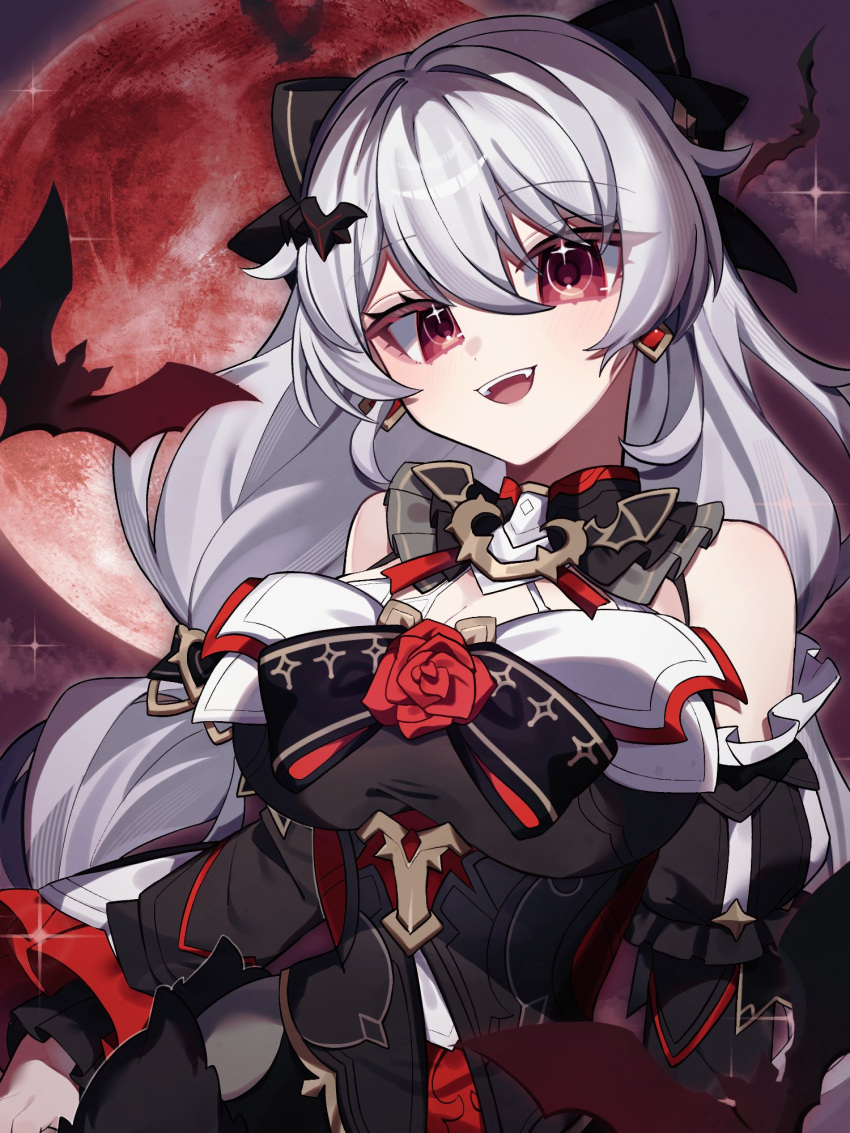 1girl, bare_shoulders, bat_(animal), birthday, black_dress, black_sleeves, commentary_request, detached_sleeves