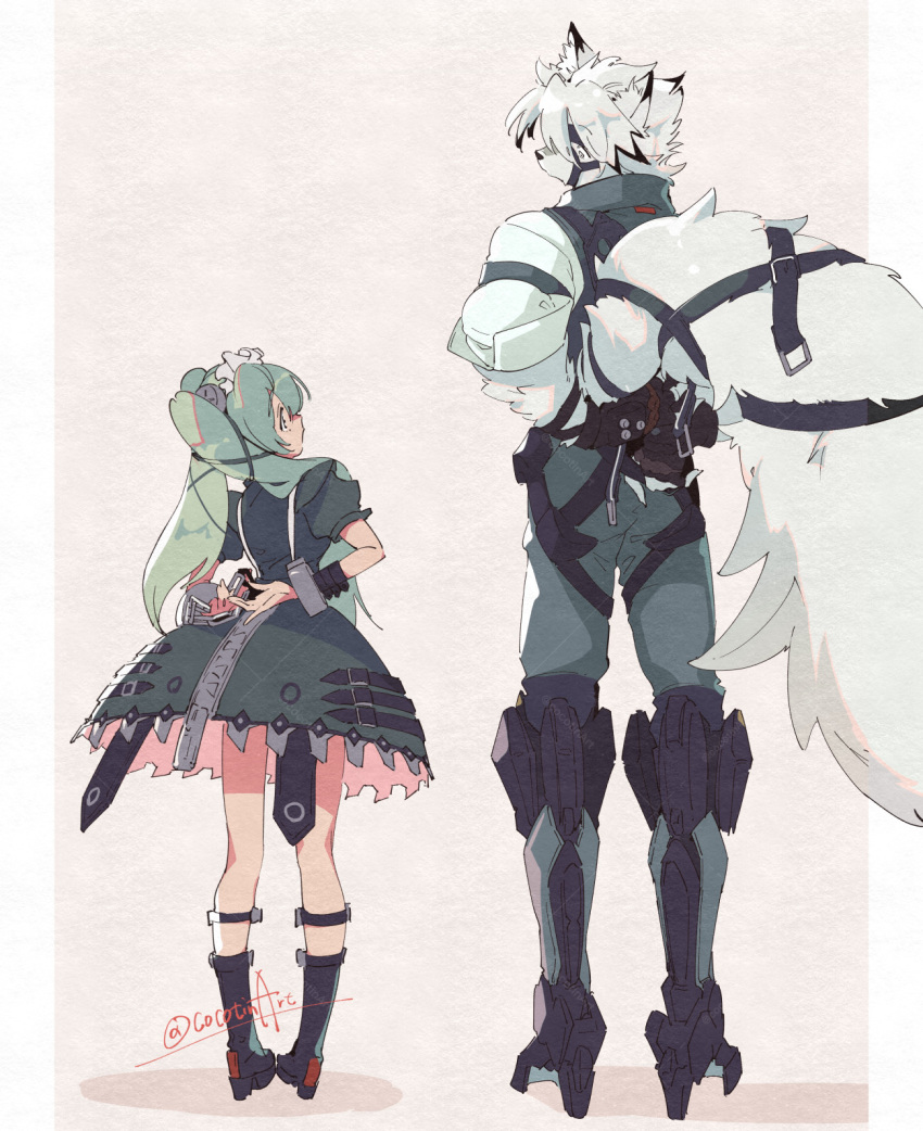 1boy, 1girl, animal_ears, arms_behind_back, back, black_boots, black_dress, body_fur