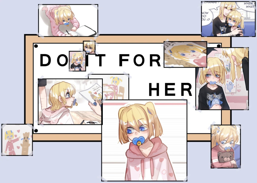 1girl, blonde_hair, blue_eyes, child's_drawing, collarbone, do_it_for_her_(meme), english_text, erika_(popopoka), long_sleeves, meme, mimi_(popopoka), original, pacifier, popopoka, scar, scar_on_arm, shirt, short_hair
