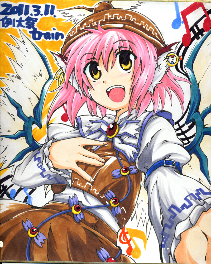 animal_ears, brown_dress, dress, earrings, hand_on_chest, hand_on_own_chest, hand_to_chest, hat