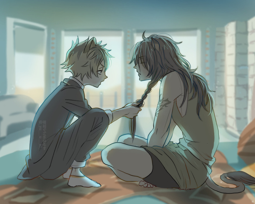 2boys, animal_ears, braid, braiding_hair, brown_hair, commentary_request, full_body, hairdressing