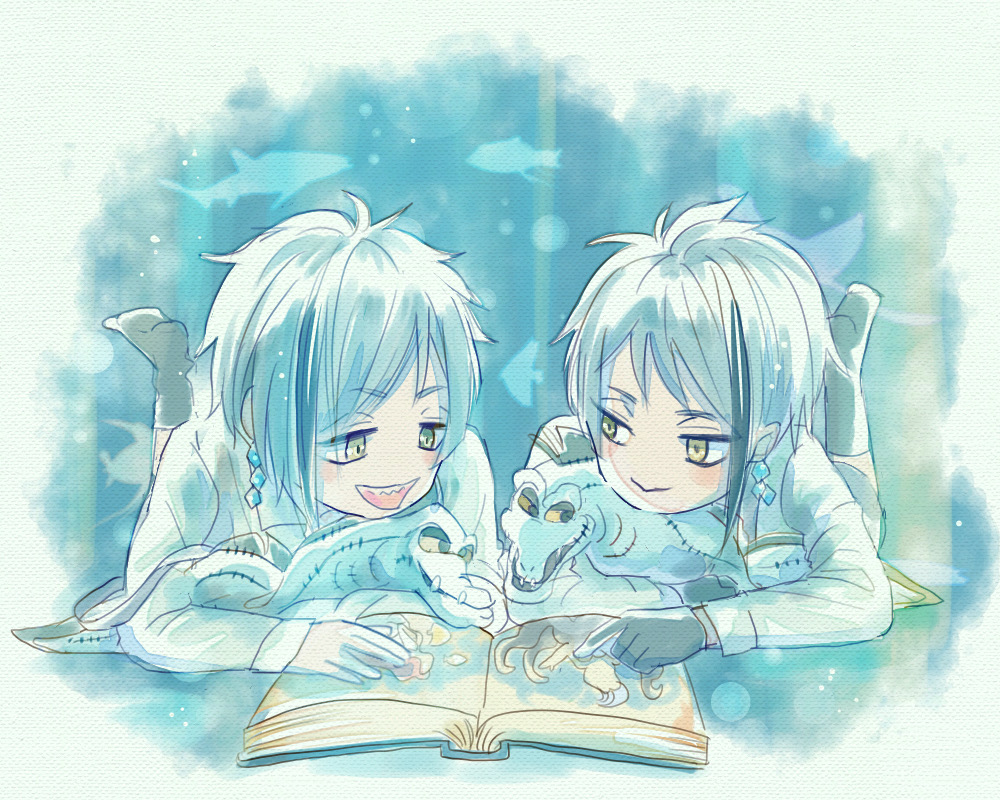 2boys, aged_down, ariel_(disney), blue_background, blue_hair, blue_theme, book, character_doll