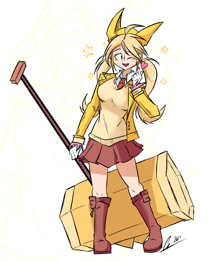 1girl, absurdres, ahoge, blazer, blonde_hair, blue_eyes, blush_stickers, boots, brown_boots, brown_skirt, collared_jacket, collared_shirt, commentary, emeruga, eyelashes, feather-trimmed_sleeves, full_body, gloves, hammer, happy, hat, heart, highres, holding, holding_hammer, huge_weapon, jacket, knee_boots, knees, lapels, long_hair, long_sleeves, low_twintails, miniskirt, necktie, notched_lapels, olivia_(paper_mario), one_eye_closed, open_clothes, open_jacket, open_mouth, paper_mario, personification, pleated_skirt, red_necktie, school_uniform, shirt, shirt_under_sweater, signature, skirt, smile, solo, standing, star_(symbol), super_mario_bros., sweater, swept_bangs, symbol-only_commentary, teeth, twintails, upper_teeth_only, v-neck, weapon, white_background, white_gloves, white_shirt, yellow_hat, yellow_jacket, yellow_sweater