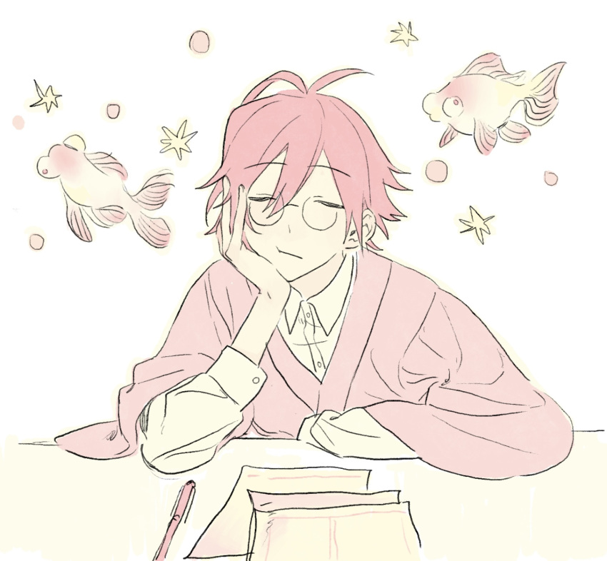 1boy, :t, closed_eyes, closed_mouth, collared_shirt, fish, glasses, goldfish