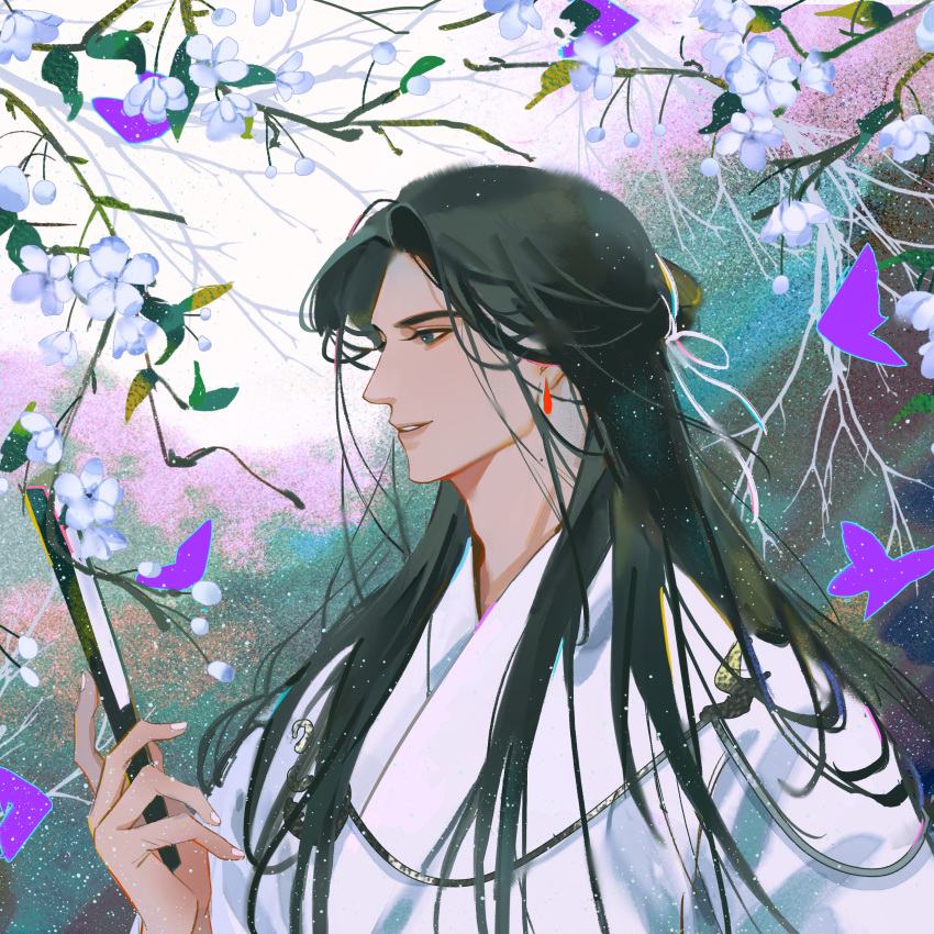 1boy, absurdres, black_hair, blue_eyes, branch, bug, butterfly, chinese_clothes, chinese_commentary, earrings, flower, folded_fan, folding_fan, hair_bun, hair_ribbon, hand_fan, hanfu, hewangsanqian, highres, holding, holding_fan, jewelry, long_hair, looking_ahead, male_focus, qiang_jin_jiu, ribbon, shen_zechuan, single_hair_bun, smile, solo, tree, upper_body, white_flower, white_hanfu, white_ribbon