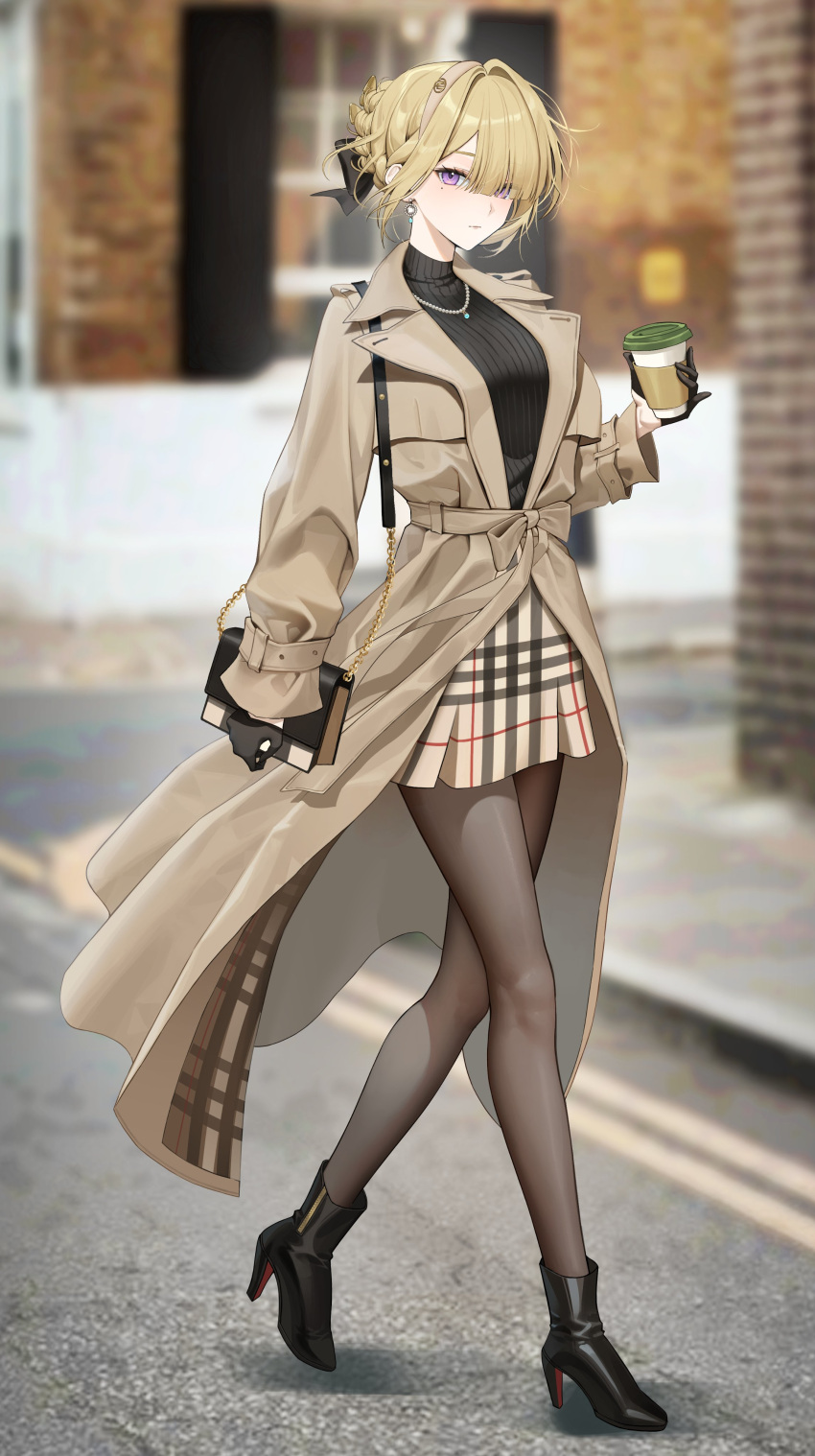 1girl, absurdres, alternate_costume, black_gloves, black_pantyhose, black_shirt, black_shoes, blonde_hair, blurry, blurry_background, breasts, brown_coat, brown_skirt, closed_mouth, coat, commentary_request, cup, disposable_coffee_cup, disposable_cup, earrings, evelyn_chevalier, gloves, high_heels, highres, holding, holding_cup, jewelry, kkuni, large_breasts, long_sleeves, looking_at_viewer, necklace, outdoors, pantyhose, photo_background, shirt, shoes, short_hair, skirt, solo, turtleneck, turtleneck_shirt, violet_eyes, zenless_zone_zero