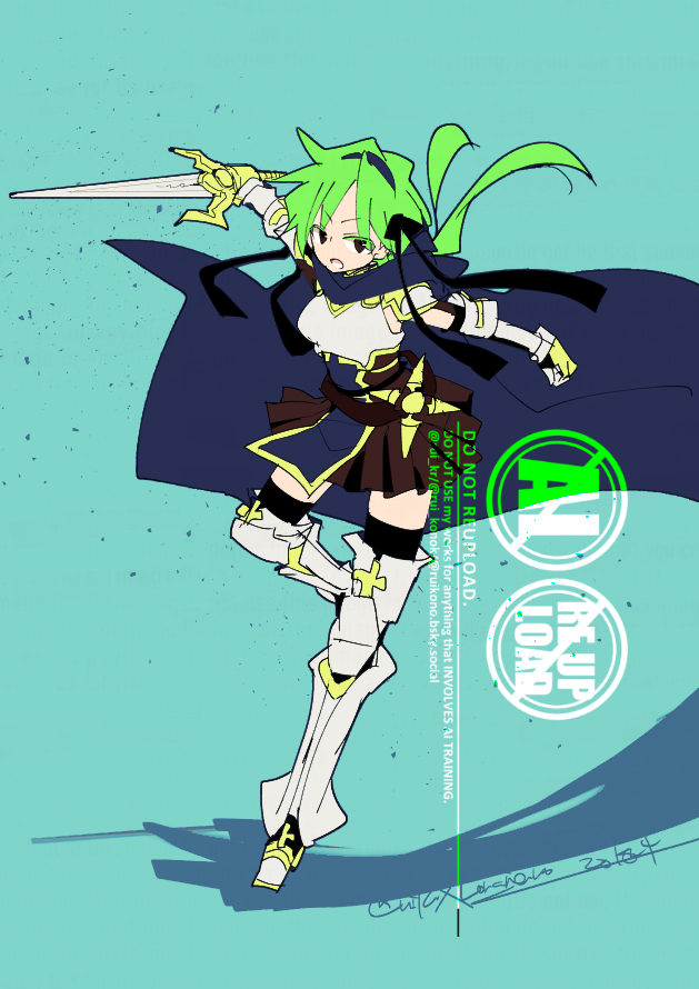 1girl, armor, armored_boots, black_hairband, black_thighhighs, blue_background, blue_cape, boots