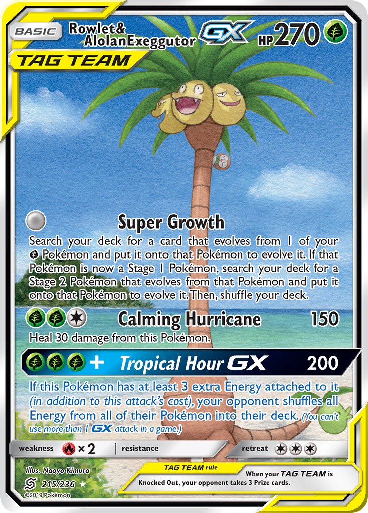 alolan_exeggutor, artist_name, beach, blue_sky, card_(medium), character_name, closed_eyes, clouds