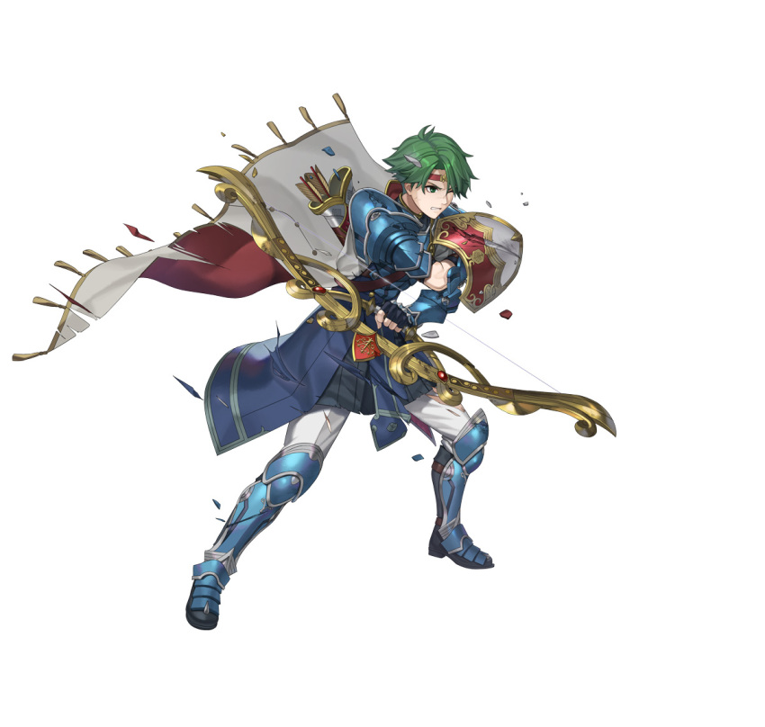 1boy, alm_(fire_emblem), alm_(powerful_resolve)_(fire_emblem), arm_shield, armor, blue_armor, bow_(weapon), cape