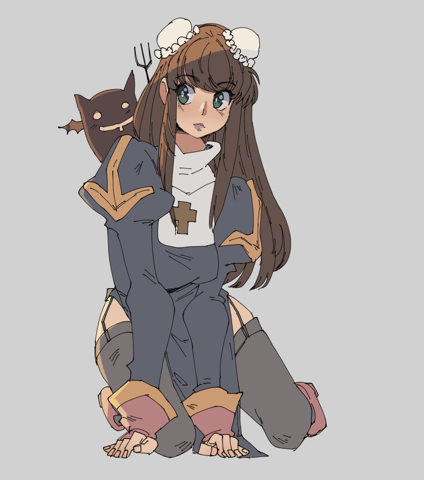 1girl, black_thighhighs, breasts, brown_hair, brown_shoes, bun_cover, charmwitch, commentary