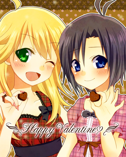 black_hair, blonde_hair, blue_eyes, blush, chocolate, green_eyes, happy_valentine, hoshii_miki, idolmaster, idolmaster_2, kikuchi_makoto, long_hair, short_hair, tamako_(chikuchiku), valentine, wink